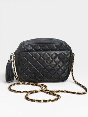 Vintage Jay Herbert Quilted Black Leather Crossbody Bag Gold Chain and Tassel